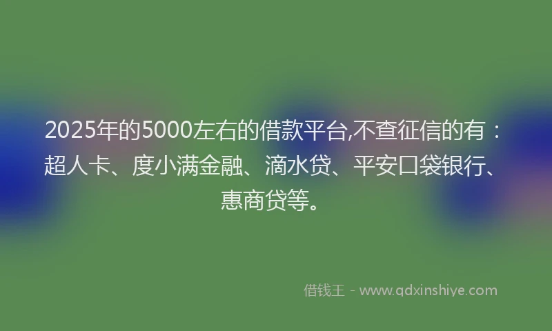 2025年的5000左右的借款平台,不查征信的有：超人卡、度小满金融、滴水贷、平安口袋银行、惠商贷等。
