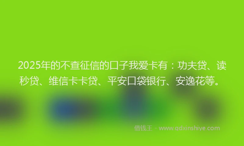 2025年的不查征信的口子我爱卡有：功夫贷、读秒贷、维信卡卡贷、平安口袋银行、安逸花等。