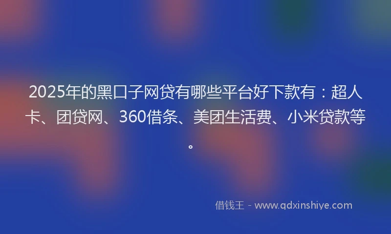 2025年的黑口子网贷有哪些平台好下款有：超人卡、团贷网、360借条、美团生活费、小米贷款等。