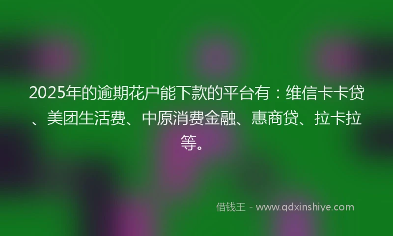 2025年的逾期花户能下款的平台有：维信卡卡贷、美团生活费、中原消费金融、惠商贷、拉卡拉等。
