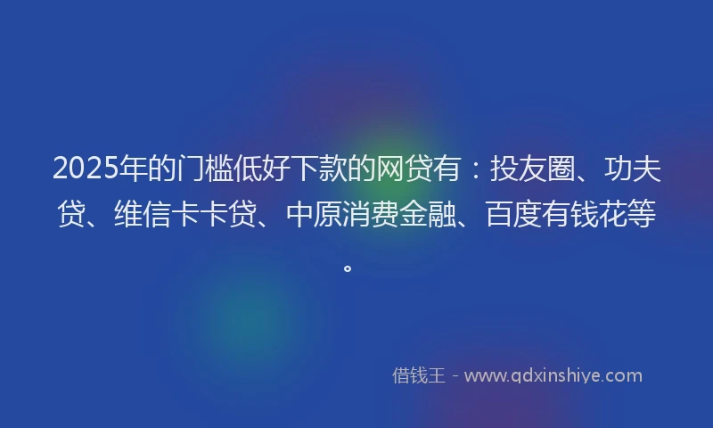 2025年的门槛低好下款的网贷有：投友圈、功夫贷、维信卡卡贷、中原消费金融、百度有钱花等。