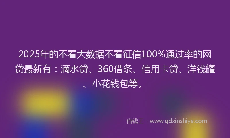 2025年的不看大数据不看征信100%通过率的网贷最新有：滴水贷、360借条、信用卡贷、洋钱罐、小花钱包等。