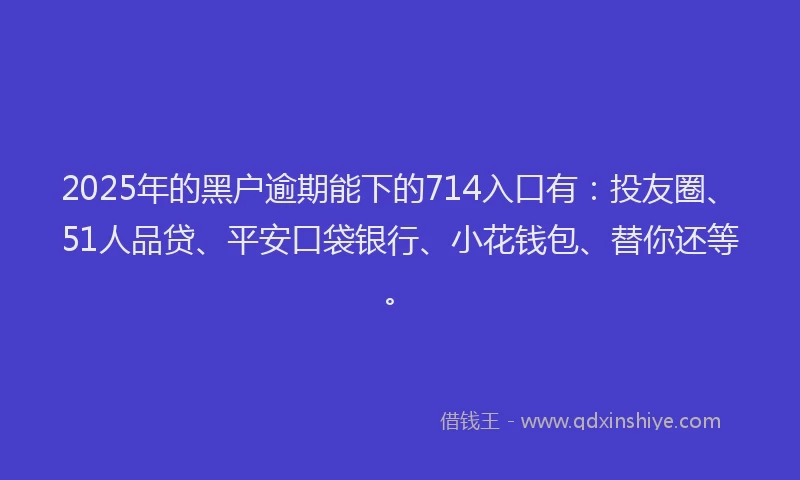 2025年的黑户逾期能下的714入口有：投友圈、51人品贷、平安口袋银行、小花钱包、替你还等。