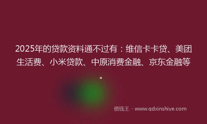 2025年的贷款资料通不过有：维信卡卡贷、美团生活费、小米贷款、中原消费金融、京东金融等。
