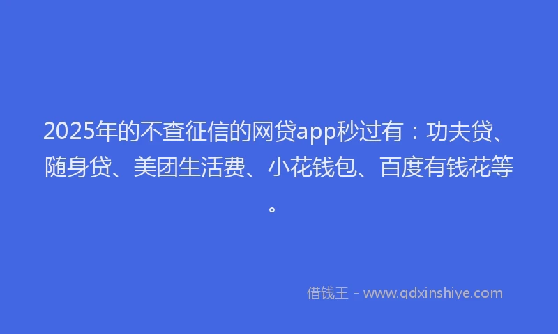 2025年的不查征信的网贷app秒过有：功夫贷、随身贷、美团生活费、小花钱包、百度有钱花等。
