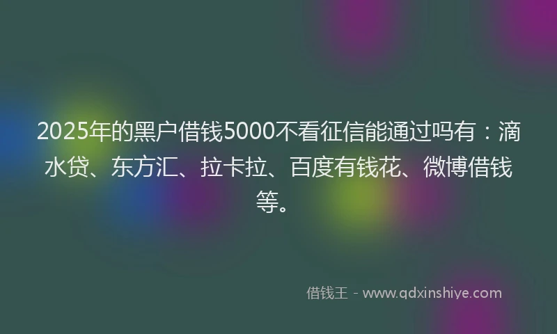 2025年的黑户借钱5000不看征信能通过吗有：滴水贷、东方汇、拉卡拉、百度有钱花、微博借钱等。