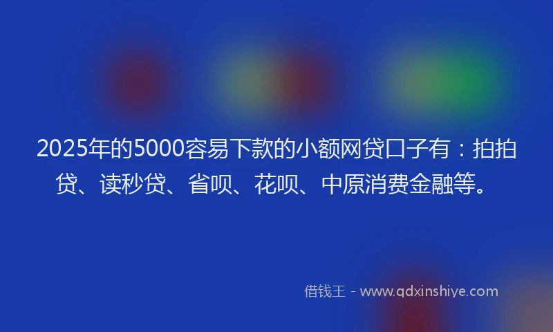2025年的5000容易下款的小额网贷口子有：拍拍贷、读秒贷、省呗、花呗、中原消费金融等。