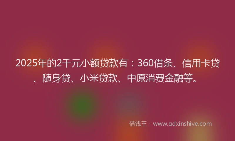 2025年的2千元小额贷款有：360借条、信用卡贷、随身贷、小米贷款、中原消费金融等。