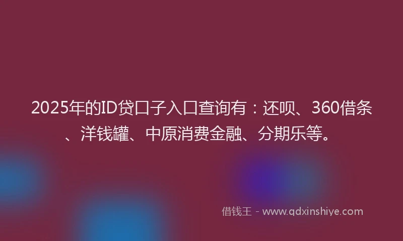 2025年的ID贷口子入口查询有：还呗、360借条、洋钱罐、中原消费金融、分期乐等。