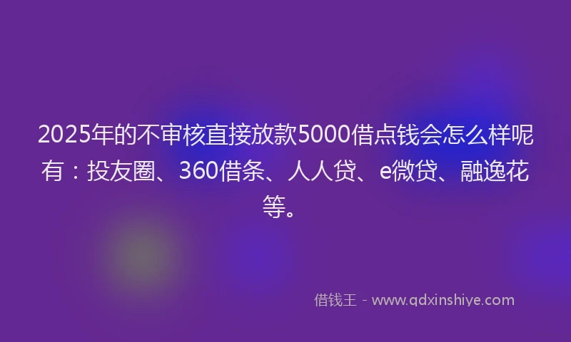 2025年的不审核直接放款5000借点钱会怎么样呢有：投友圈、360借条、人人贷、e微贷、融逸花等。