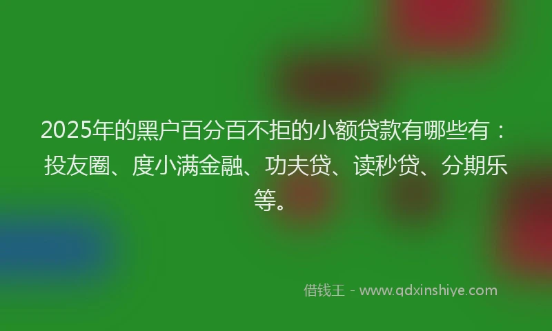 2025年的黑户百分百不拒的小额贷款有哪些有：投友圈、度小满金融、功夫贷、读秒贷、分期乐等。