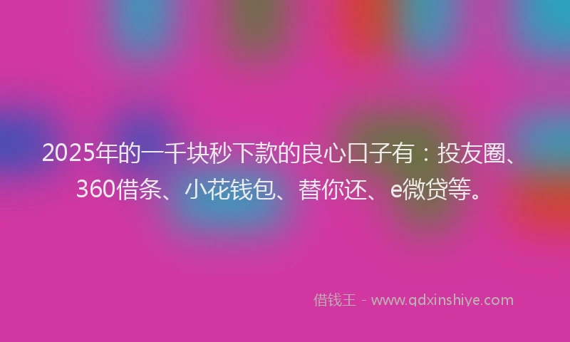 2025年的一千块秒下款的良心口子有：投友圈、360借条、小花钱包、替你还、e微贷等。