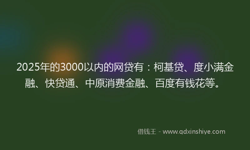 2025年的3000以内的网贷有：柯基贷、度小满金融、快贷通、中原消费金融、百度有钱花等。