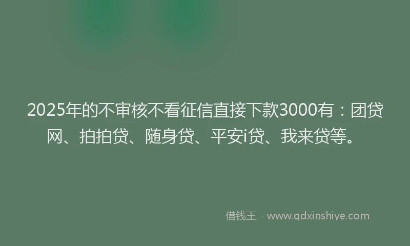2025年的不审核不看征信直接下款3000有：团贷网、拍拍贷、随身贷、平安i贷、我来贷等。