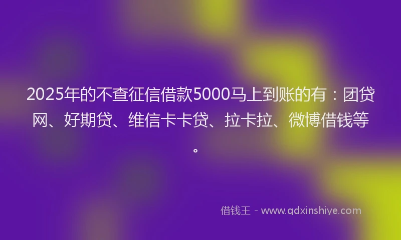 2025年的不查征信借款5000马上到账的有：团贷网、好期贷、维信卡卡贷、拉卡拉、微博借钱等。