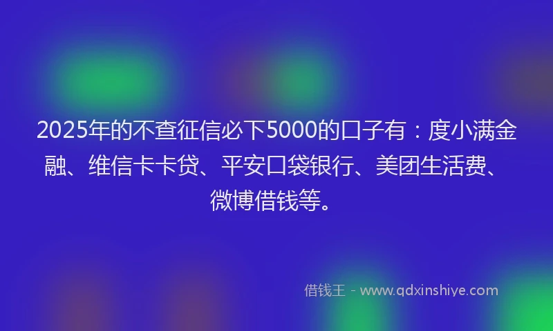 2025年的不查征信必下5000的口子有：度小满金融、维信卡卡贷、平安口袋银行、美团生活费、微博借钱等。