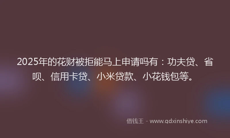 2025年的花财被拒能马上申请吗有：功夫贷、省呗、信用卡贷、小米贷款、小花钱包等。