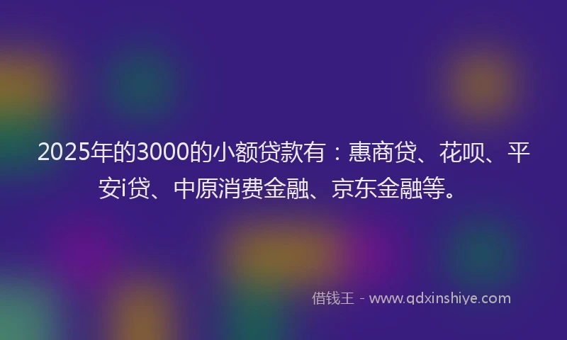 2025年的3000的小额贷款有：惠商贷、花呗、平安i贷、中原消费金融、京东金融等。