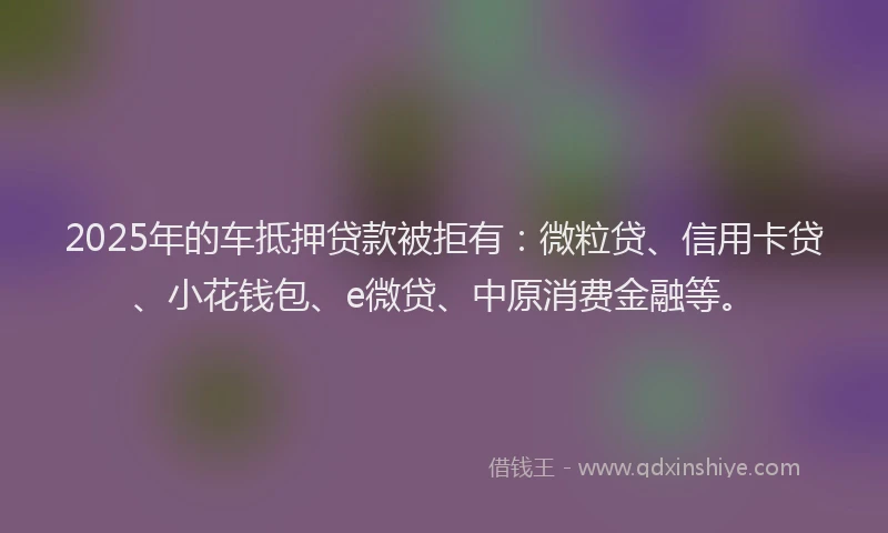 2025年的车抵押贷款被拒有：微粒贷、信用卡贷、小花钱包、e微贷、中原消费金融等。