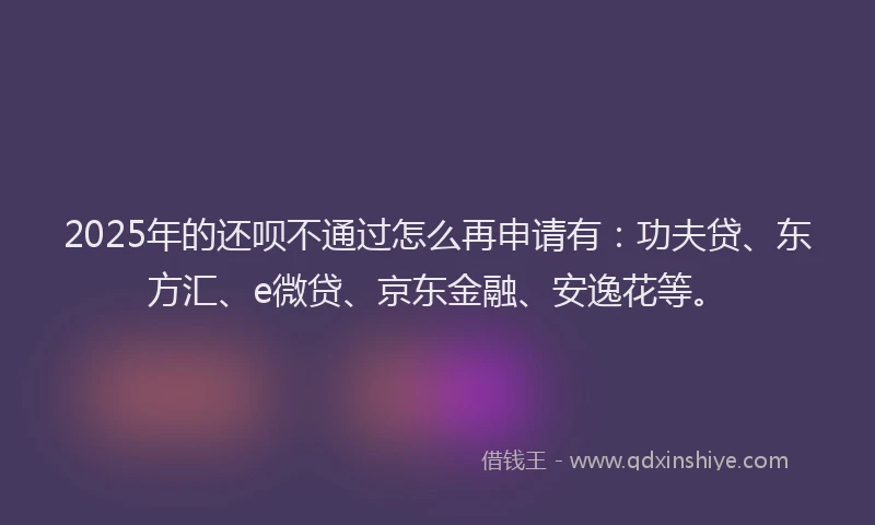2025年的还呗不通过怎么再申请有：功夫贷、东方汇、e微贷、京东金融、安逸花等。
