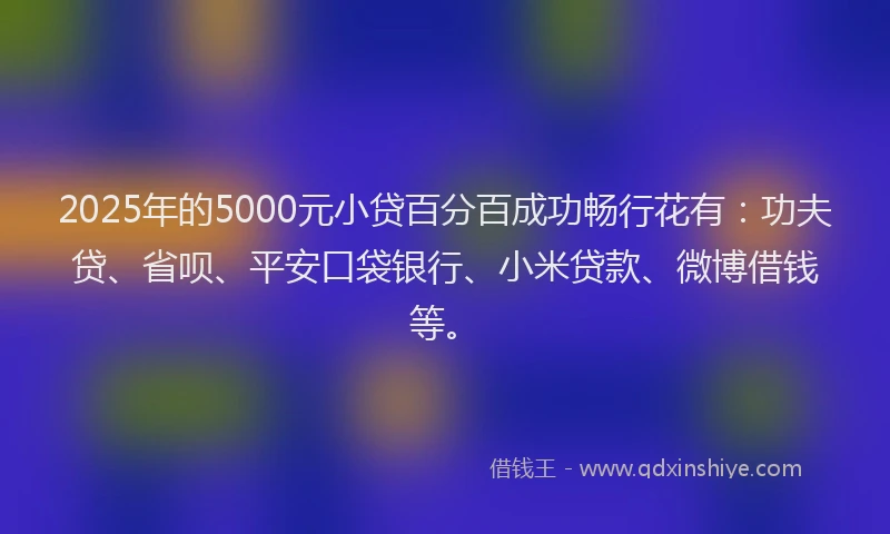 2025年的5000元小贷百分百成功畅行花有：功夫贷、省呗、平安口袋银行、小米贷款、微博借钱等。