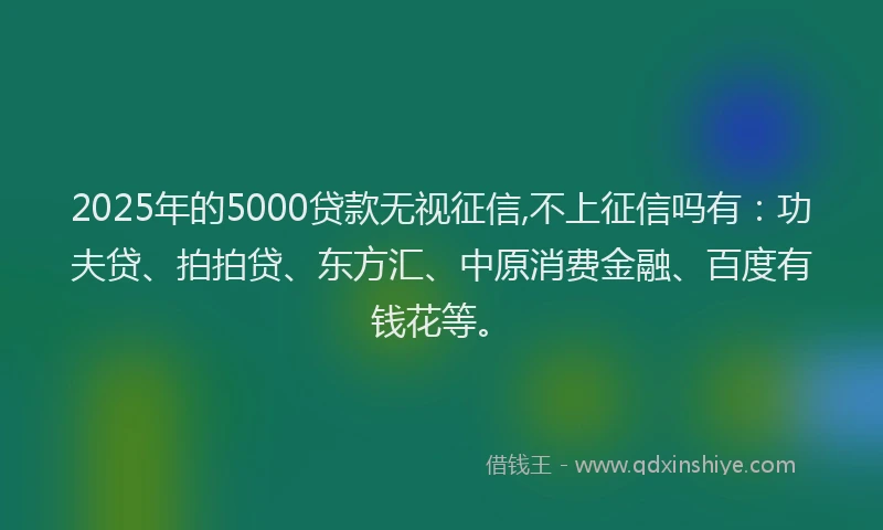 2025年的5000贷款无视征信,不上征信吗有：功夫贷、拍拍贷、东方汇、中原消费金融、百度有钱花等。