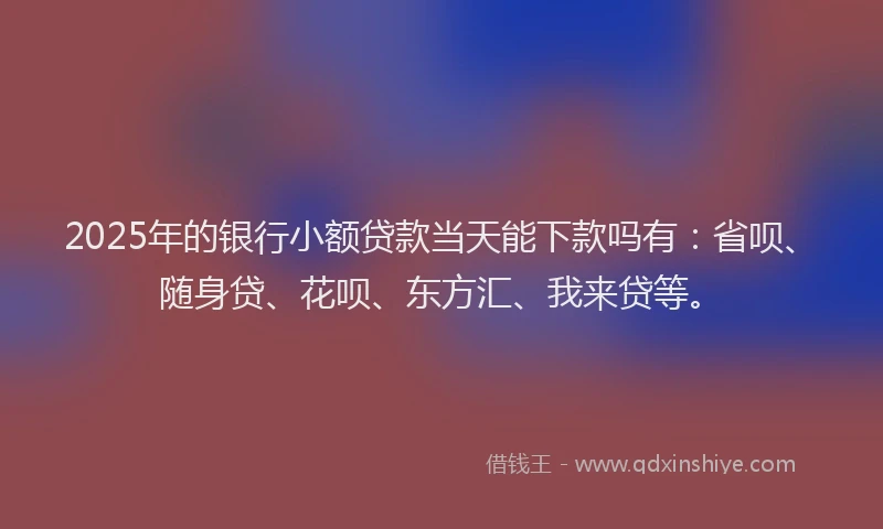 2025年的银行小额贷款当天能下款吗有：省呗、随身贷、花呗、东方汇、我来贷等。