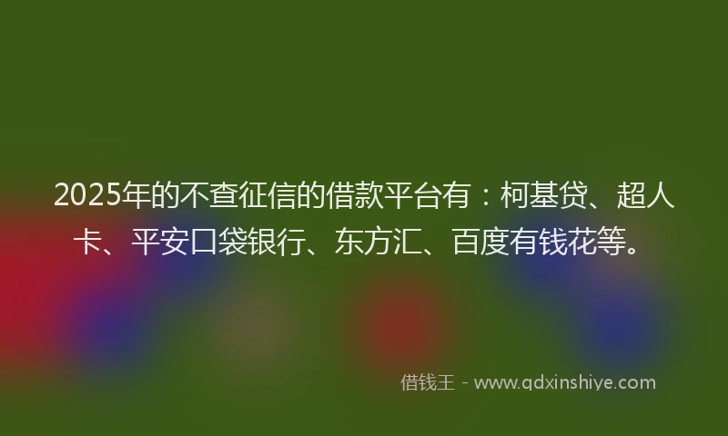 2025年的不查征信的借款平台有：柯基贷、超人卡、平安口袋银行、东方汇、百度有钱花等。