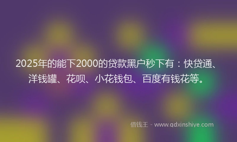 2025年的能下2000的贷款黑户秒下有：快贷通、洋钱罐、花呗、小花钱包、百度有钱花等。