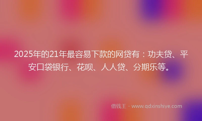 2025年的21年最容易下款的网贷有：功夫贷、平安口袋银行、花呗、人人贷、分期乐等。
