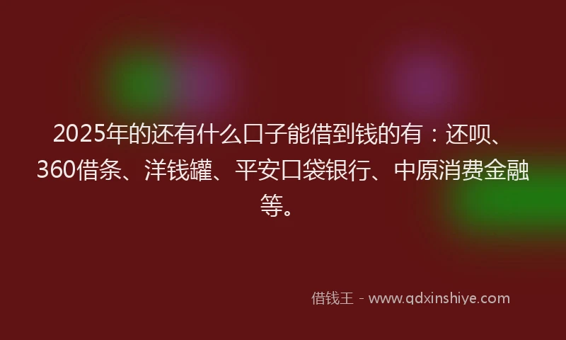 2025年的还有什么口子能借到钱的有：还呗、360借条、洋钱罐、平安口袋银行、中原消费金融等。
