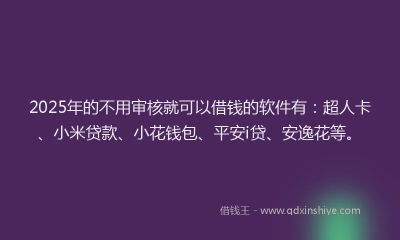 2025年的不用审核就可以借钱的软件有：超人卡、小米贷款、小花钱包、平安i贷、安逸花等。