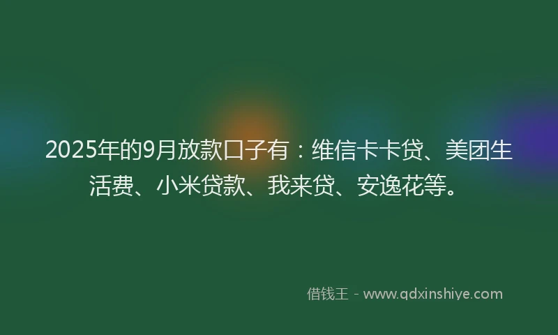 2025年的9月放款口子有：维信卡卡贷、美团生活费、小米贷款、我来贷、安逸花等。