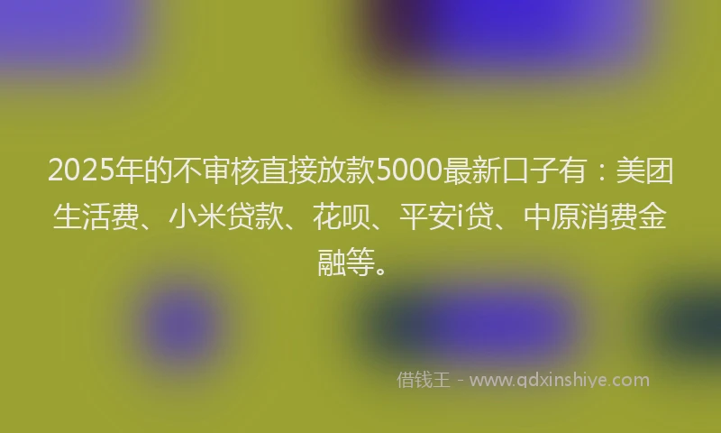 2025年的不审核直接放款5000最新口子有：美团生活费、小米贷款、花呗、平安i贷、中原消费金融等。
