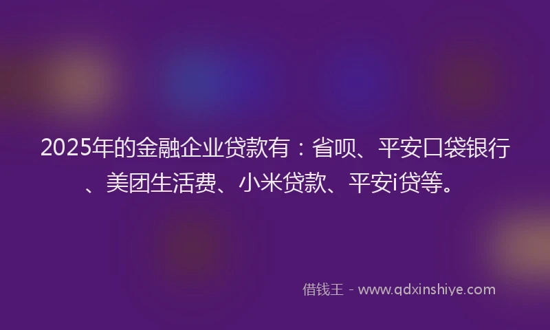 2025年的金融企业贷款有：省呗、平安口袋银行、美团生活费、小米贷款、平安i贷等。