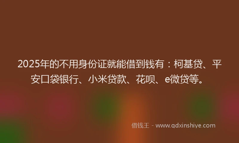2025年的不用身份证就能借到钱有：柯基贷、平安口袋银行、小米贷款、花呗、e微贷等。