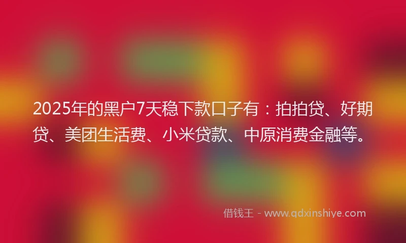 2025年的黑户7天稳下款口子有：拍拍贷、好期贷、美团生活费、小米贷款、中原消费金融等。
