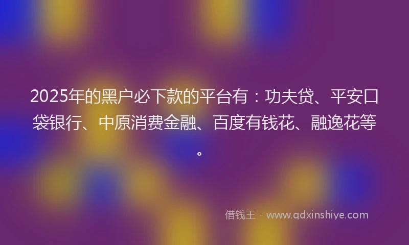 2025年的黑户必下款的平台有：功夫贷、平安口袋银行、中原消费金融、百度有钱花、融逸花等。