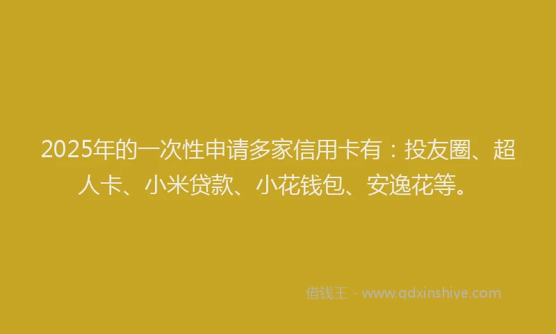 2025年的一次性申请多家信用卡有:投友圈、超人卡、小米贷款、小花钱包、安逸花等。