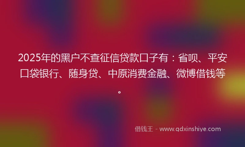2025年的黑户不查征信贷款口子有：省呗、平安口袋银行、随身贷、中原消费金融、微博借钱等。