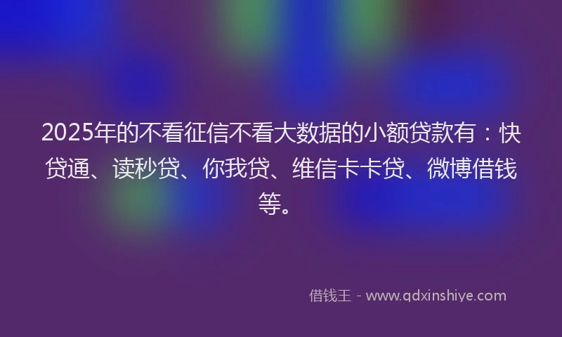 2025年的不看征信不看大数据的小额贷款有：快贷通、读秒贷、你我贷、维信卡卡贷、微博借钱等。