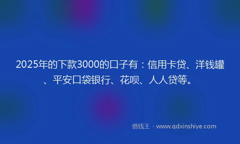 2025年的下款3000的口子有：信用卡贷、洋钱罐、平安口袋银行、花呗、人人贷等。