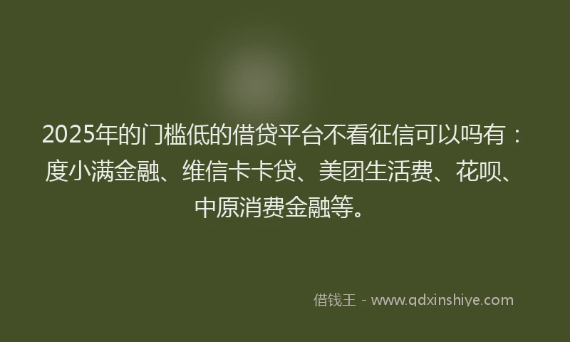 2025年的门槛低的借贷平台不看征信可以吗有：度小满金融、维信卡卡贷、美团生活费、花呗、中原消费金融等。