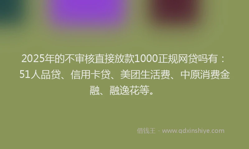 2025年的不审核直接放款1000正规网贷吗有：51人品贷、信用卡贷、美团生活费、中原消费金融、融逸花等。