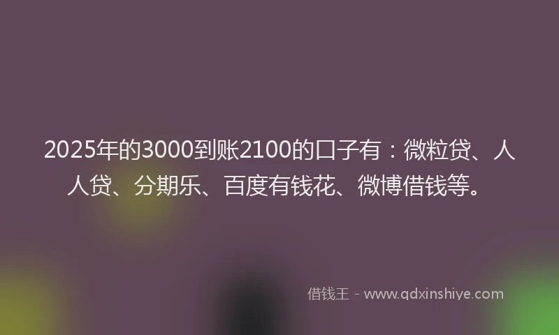 2025年的3000到账2100的口子有：微粒贷、人人贷、分期乐、百度有钱花、微博借钱等。