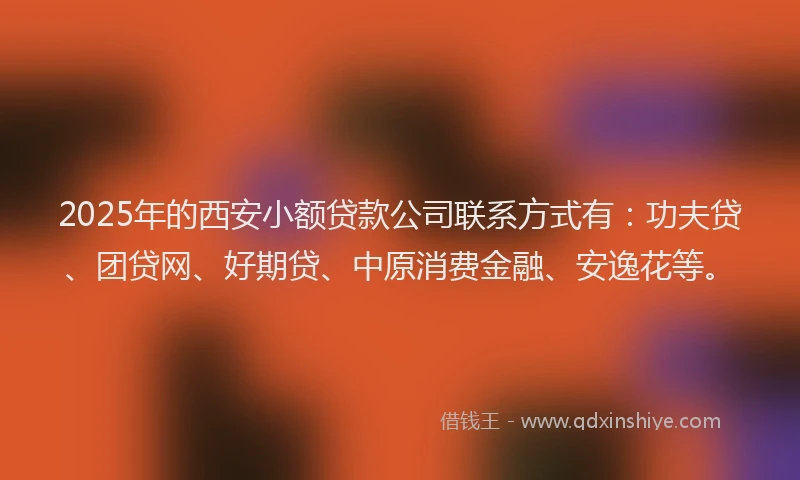 2025年的西安小额贷款公司联系方式有：功夫贷、团贷网、好期贷、中原消费金融、安逸花等。