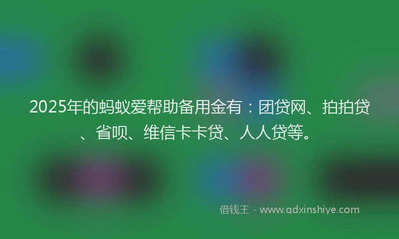 2025年的蚂蚁爱帮助备用金有：团贷网、拍拍贷、省呗、维信卡卡贷、人人贷等。