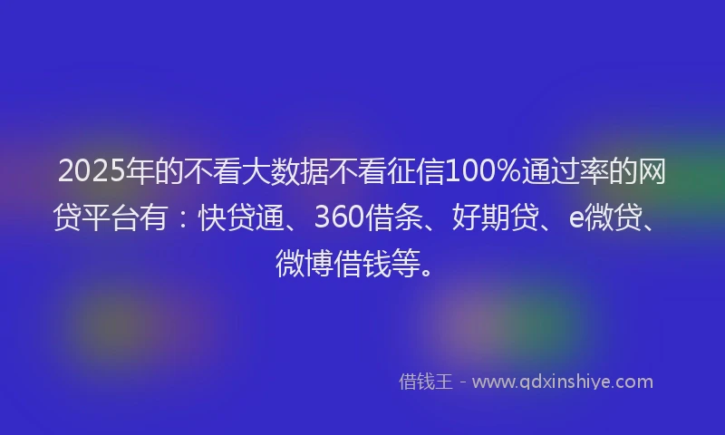 2025年的不看大数据不看征信100%通过率的网贷平台有：快贷通、360借条、好期贷、e微贷、微博借钱等。