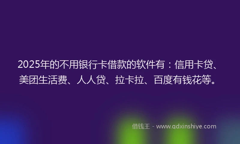 2025年的不用银行卡借款的软件有：信用卡贷、美团生活费、人人贷、拉卡拉、百度有钱花等。