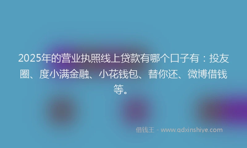 2025年的营业执照线上贷款有哪个口子有：投友圈、度小满金融、小花钱包、替你还、微博借钱等。